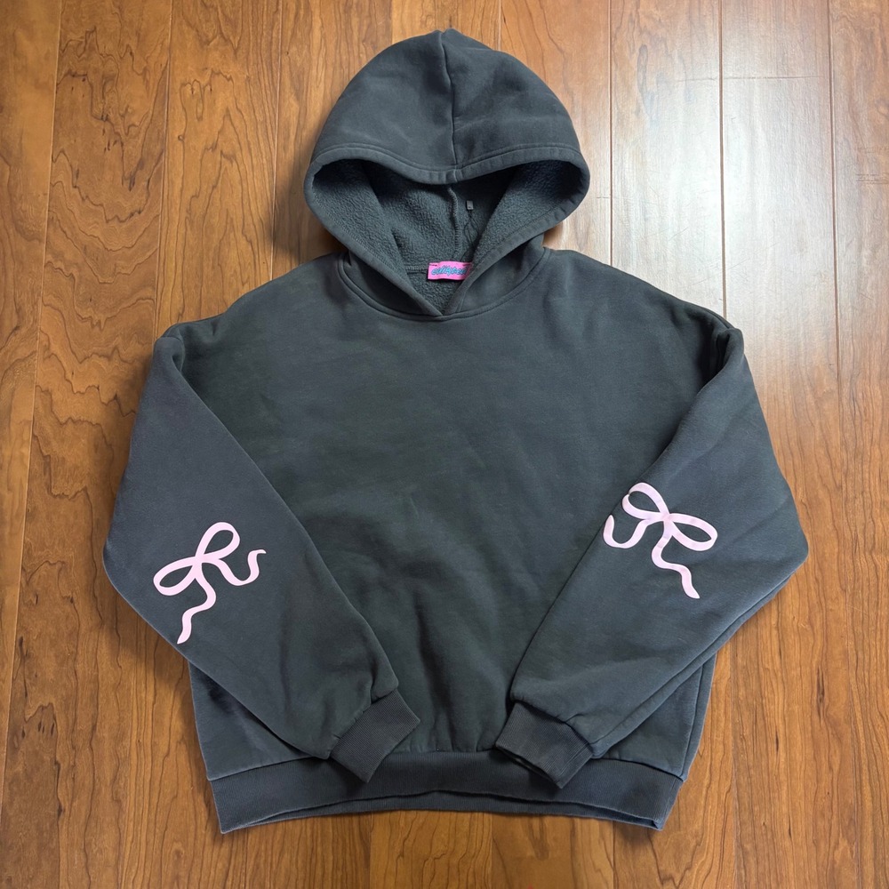 Edikted Faded Black Pink Bow Graphic Hoodie Fleece Pullover Medium